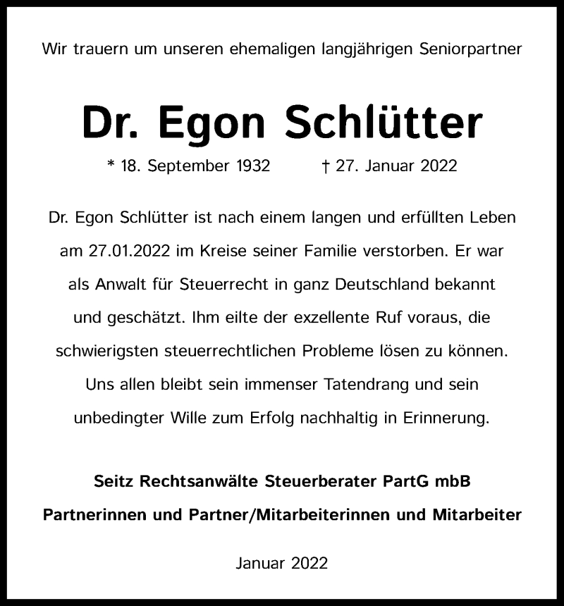  Traueranzeige für Egon Schlütter vom 05.02.2022 aus Kölner Stadt-Anzeiger / Kölnische Rundschau / Express