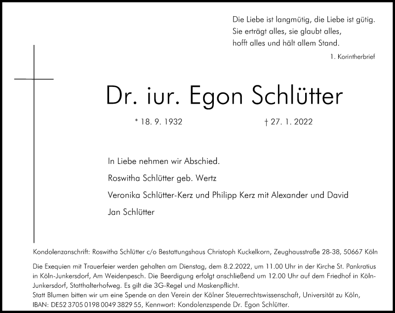  Traueranzeige für Egon Schlütter vom 05.02.2022 aus Kölner Stadt-Anzeiger / Kölnische Rundschau / Express