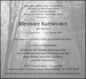Anzeige von Eleonore Kattwinkel von Kölner Stadt-Anzeiger / Kölnische Rundschau / Express