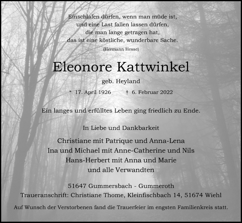  Traueranzeige für Eleonore Kattwinkel vom 19.02.2022 aus Kölner Stadt-Anzeiger / Kölnische Rundschau / Express
