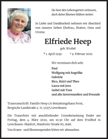 Anzeige von Elfriede Heep von Kölner Stadt-Anzeiger / Kölnische Rundschau / Express