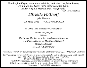 Anzeige von Elfriede Potthoff von Kölner Stadt-Anzeiger / Kölnische Rundschau / Express