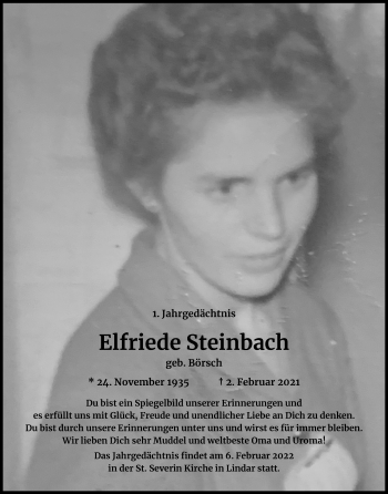 Anzeige von Elfriede Steinbach von Kölner Stadt-Anzeiger / Kölnische Rundschau / Express