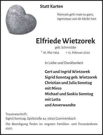 Anzeige von Elfriede Wietzorek von  Anzeigen Echo 