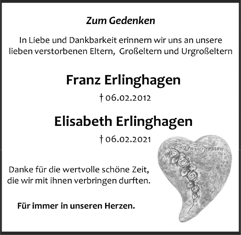 Traueranzeige für Elisabeth Erlinghagen vom 04.02.2022 aus  Anzeigen Echo 