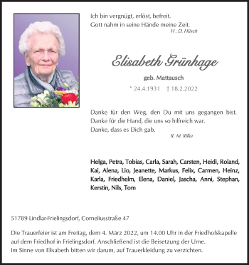 Anzeige von Elisabeth Grünhage von Kölner Stadt-Anzeiger / Kölnische Rundschau / Express