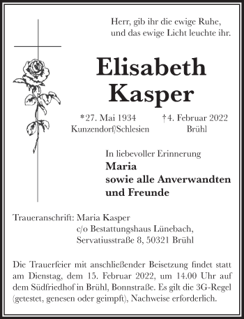 Anzeige von Elisabeth Kasper von  Schlossbote/Werbekurier 