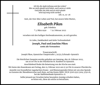 Anzeige von Elisabeth Pikos von Kölner Stadt-Anzeiger / Kölnische Rundschau / Express