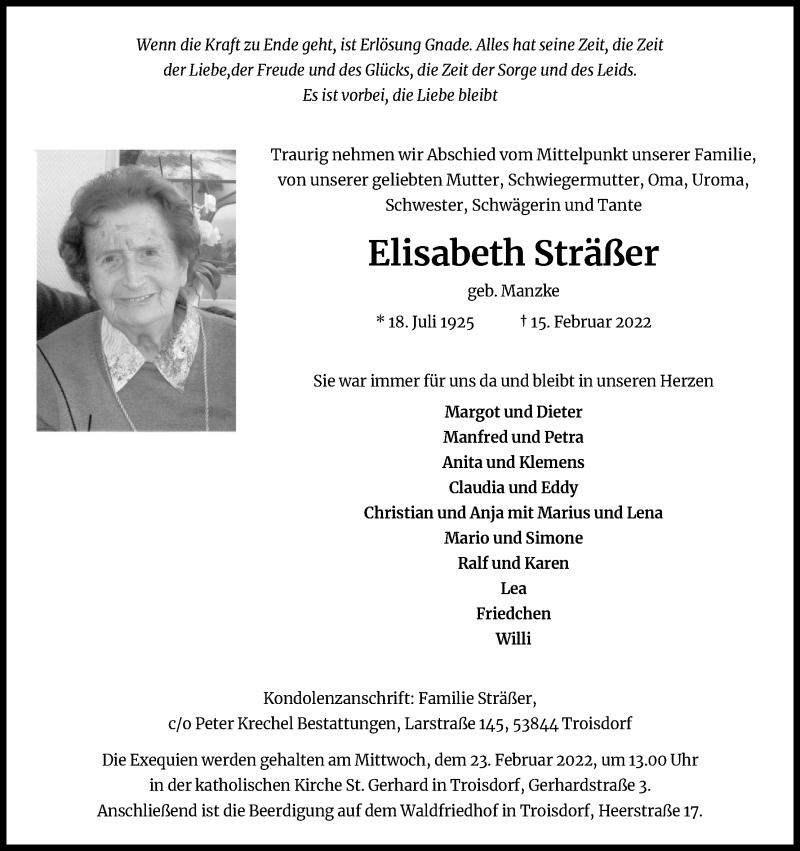  Traueranzeige für Elisabeth Sträßer vom 19.02.2022 aus Kölner Stadt-Anzeiger / Kölnische Rundschau / Express