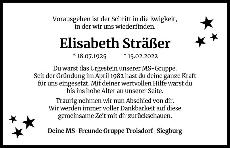  Traueranzeige für Elisabeth Sträßer vom 26.02.2022 aus Kölner Stadt-Anzeiger / Kölnische Rundschau / Express