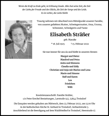 Anzeige von Elisabeth Sträßer von Kölner Stadt-Anzeiger / Kölnische Rundschau / Express