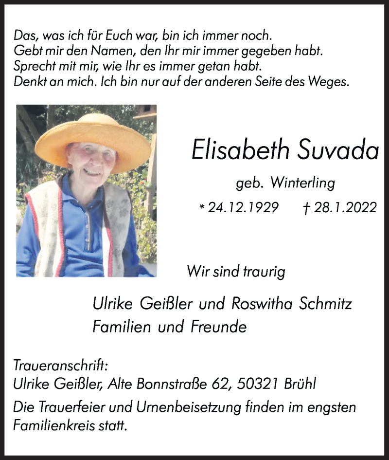 Traueranzeige für Elisabeth Suvada vom 04.02.2022 aus Kölner Stadt-Anzeiger / Kölnische Rundschau / Express