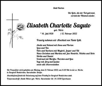 Anzeige von Elisabeth Charlotte Saguto von Kölner Stadt-Anzeiger / Kölnische Rundschau / Express
