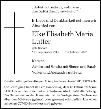 Anzeige von Elke Elisabeth Maria Lutter von Kölner Stadt-Anzeiger / Kölnische Rundschau / Express