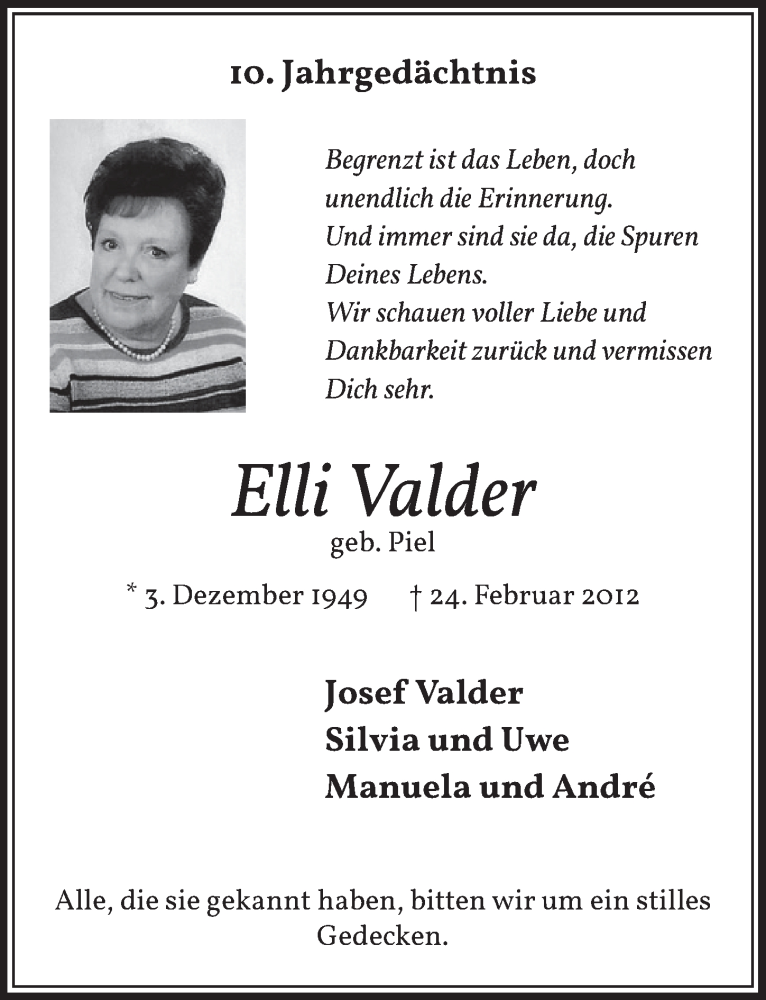  Traueranzeige für Elli Valder vom 18.02.2022 aus  Werbepost 