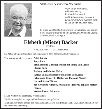 Anzeige von Elsbeth Bäcker von  Anzeigen Echo  Lokalanzeiger 