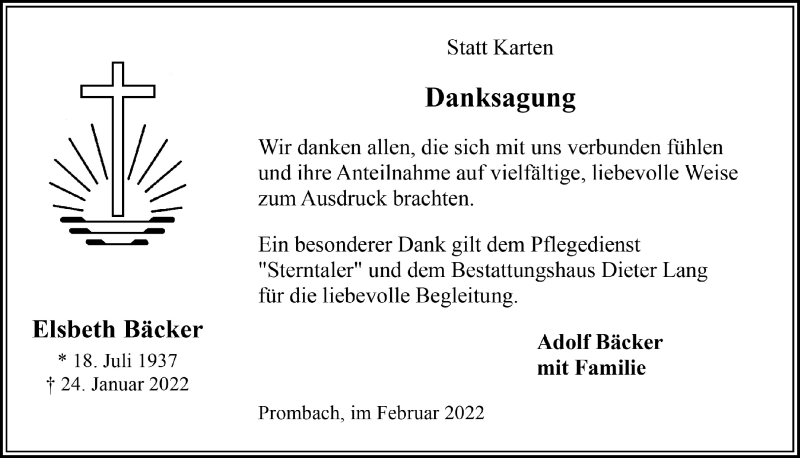  Traueranzeige für Elsbeth Bäcker vom 18.02.2022 aus  Anzeigen Echo  Lokalanzeiger 