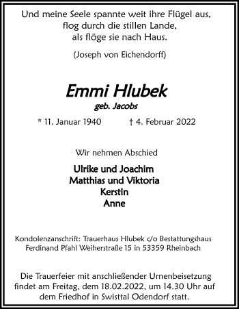 Anzeige von Emmi Hlubek von Kölner Stadt-Anzeiger / Kölnische Rundschau / Express