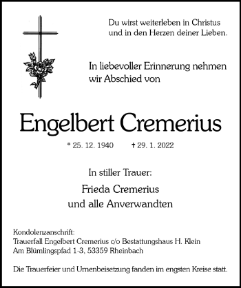 Anzeige von Engelbert Cremerius von  Schaufenster/Blickpunkt 