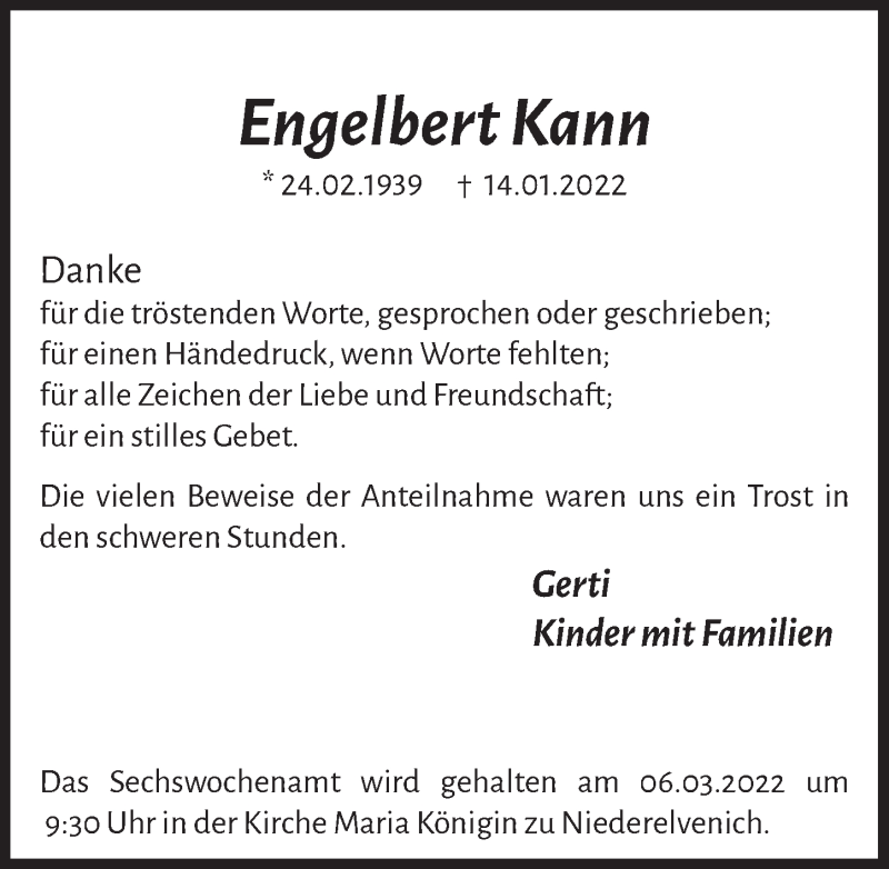  Traueranzeige für Engelbert Kann vom 26.02.2022 aus  Blickpunkt Euskirchen 