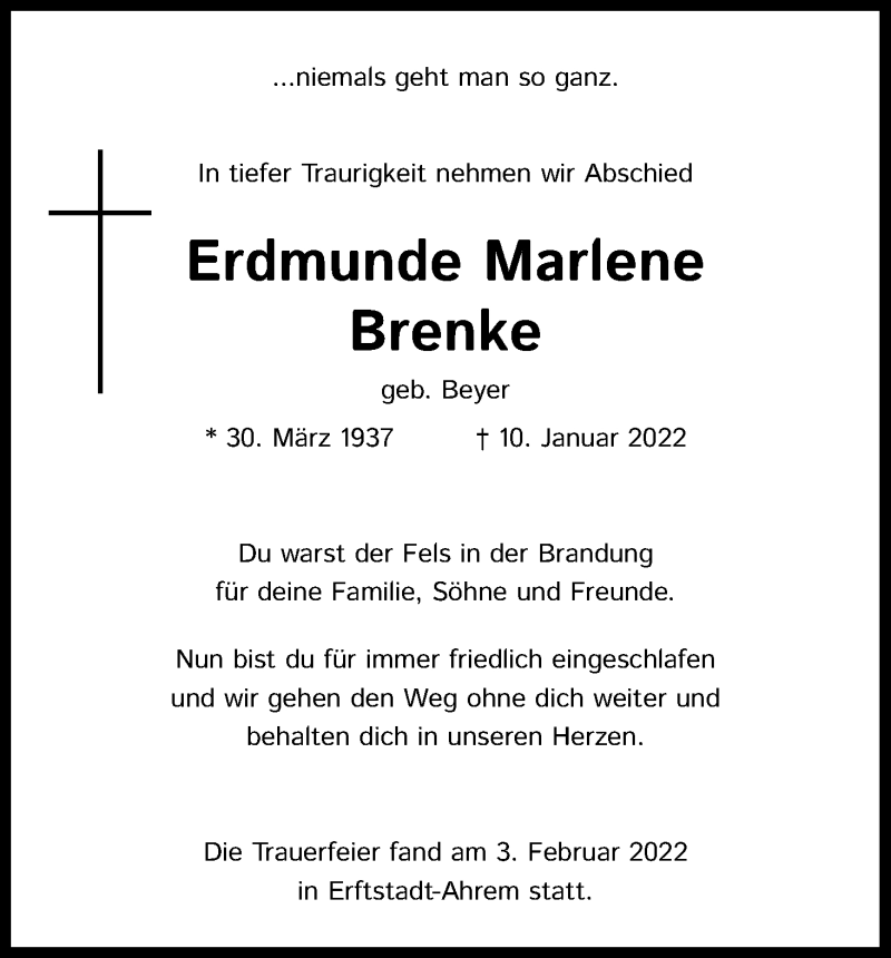  Traueranzeige für Erdmunde Marlene Brenke vom 12.02.2022 aus Kölner Stadt-Anzeiger / Kölnische Rundschau / Express