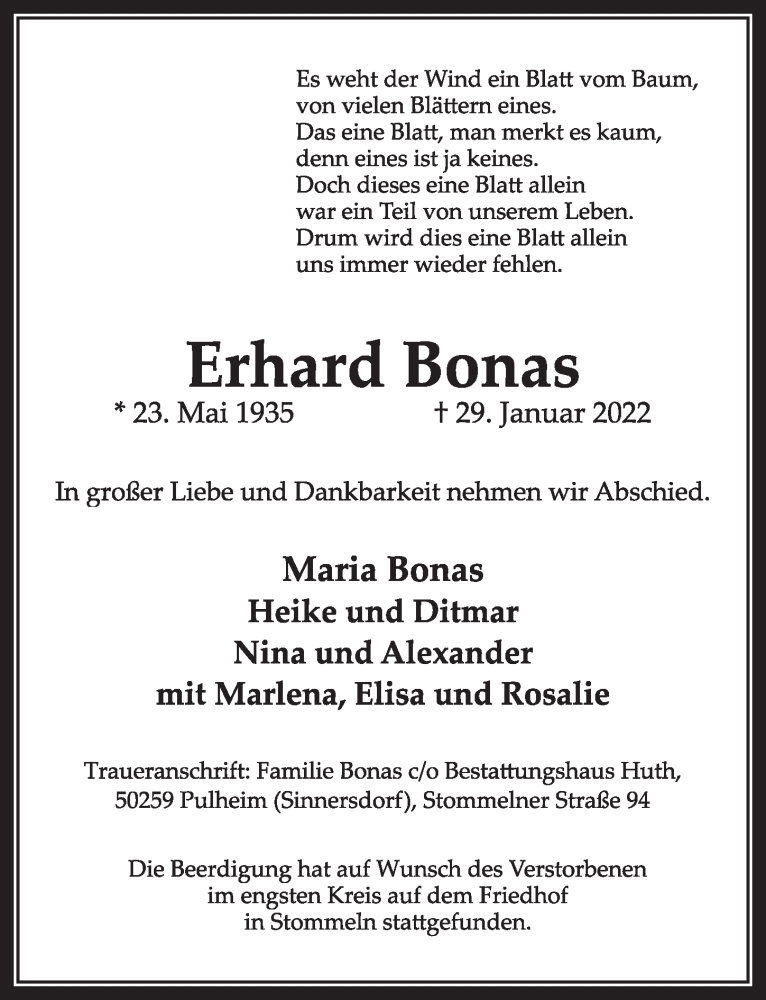  Traueranzeige für Erhard Bonas vom 11.02.2022 aus  Wochenende 
