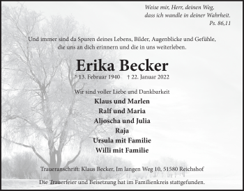 Anzeige von Erika Becker von  Lokalanzeiger 