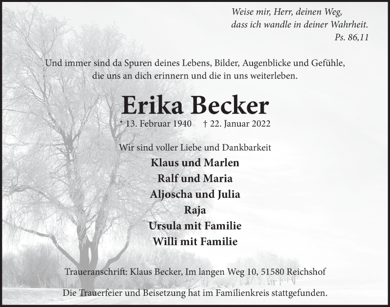  Traueranzeige für Erika Becker vom 11.02.2022 aus  Lokalanzeiger 