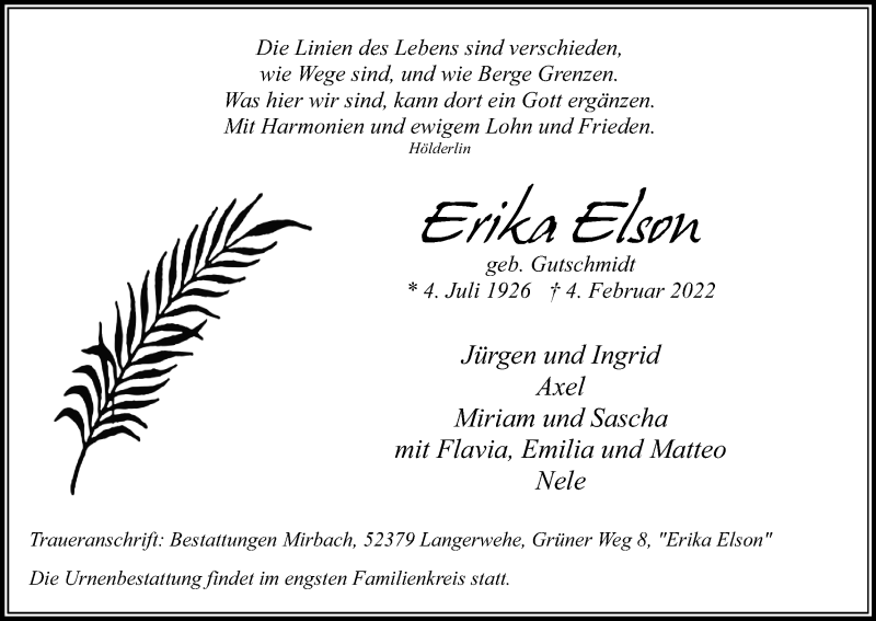  Traueranzeige für Erika Elson vom 19.02.2022 aus Kölner Stadt-Anzeiger / Kölnische Rundschau / Express