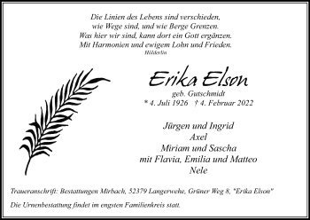 Anzeige von Erika Elson von Kölner Stadt-Anzeiger / Kölnische Rundschau / Express