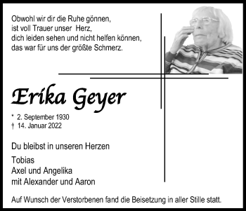 Anzeige von Erika Geyer von Kölner Stadt-Anzeiger / Kölnische Rundschau / Express