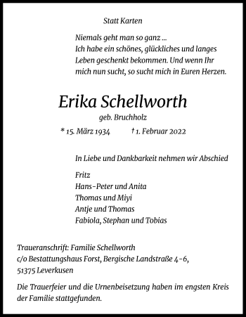 Anzeige von Erika Schellworth von Kölner Stadt-Anzeiger / Kölnische Rundschau / Express