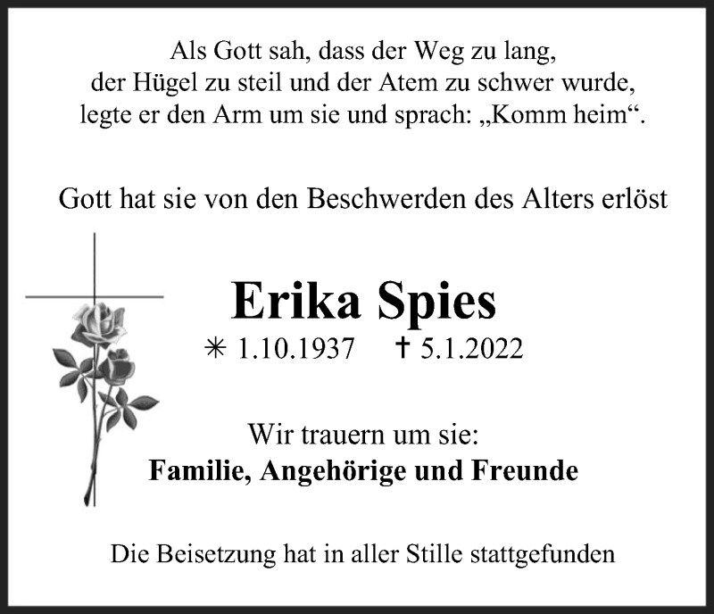  Traueranzeige für Erika Spies vom 05.02.2022 aus Kölner Stadt-Anzeiger / Kölnische Rundschau / Express