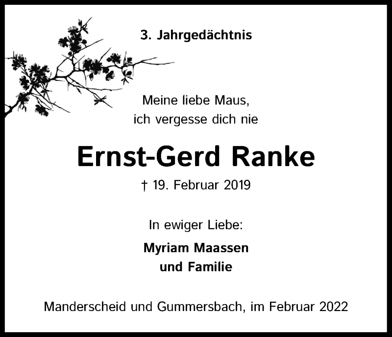  Traueranzeige für Ernst-Gerd Ranke vom 19.02.2022 aus Kölner Stadt-Anzeiger / Kölnische Rundschau / Express