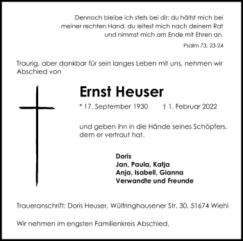 Anzeige von Ernst Heuser von Kölner Stadt-Anzeiger / Kölnische Rundschau / Express