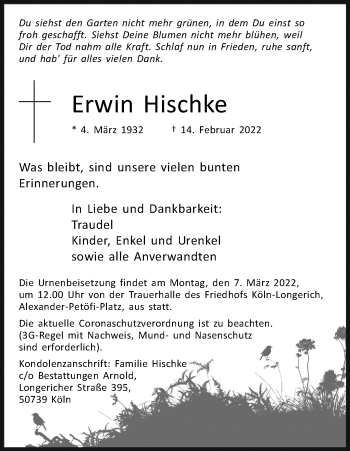Anzeige von Erwin Hischke von Kölner Stadt-Anzeiger / Kölnische Rundschau / Express