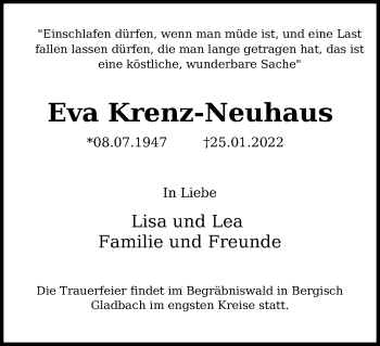 Anzeige von Eva Krenz-Neuhaus von Kölner Stadt-Anzeiger / Kölnische Rundschau / Express