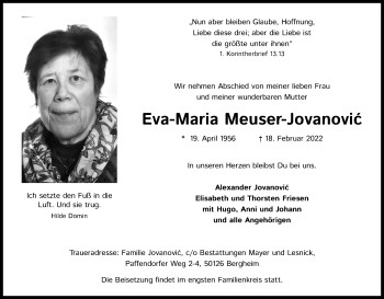 Anzeige von Eva-Maria Meuser-Jovanovic von Kölner Stadt-Anzeiger / Kölnische Rundschau / Express