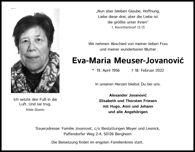  Traueranzeige für Eva-Maria Meuser-Jovanovic vom 26.02.2022 aus Kölner Stadt-Anzeiger / Kölnische Rundschau / Express