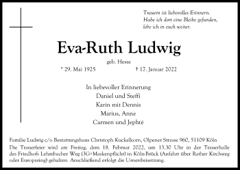 Anzeige von Eva-Ruth Ludwig von Kölner Stadt-Anzeiger / Kölnische Rundschau / Express