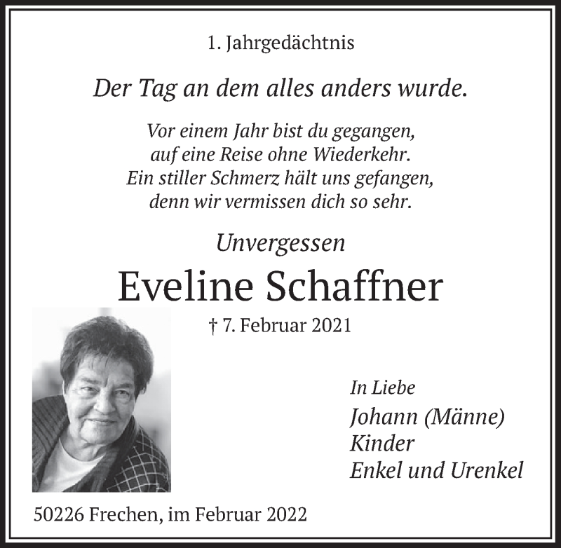  Traueranzeige für Eveline Schaffner vom 04.02.2022 aus  Wochenende 