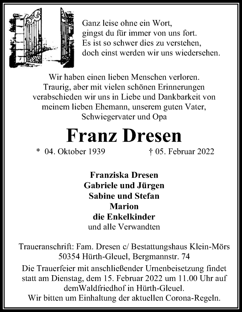  Traueranzeige für Franz Dresen vom 12.02.2022 aus Kölner Stadt-Anzeiger / Kölnische Rundschau / Express