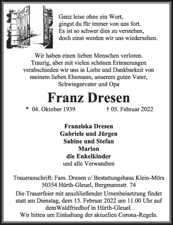 Anzeige von Franz Dresen von  Wochenende 