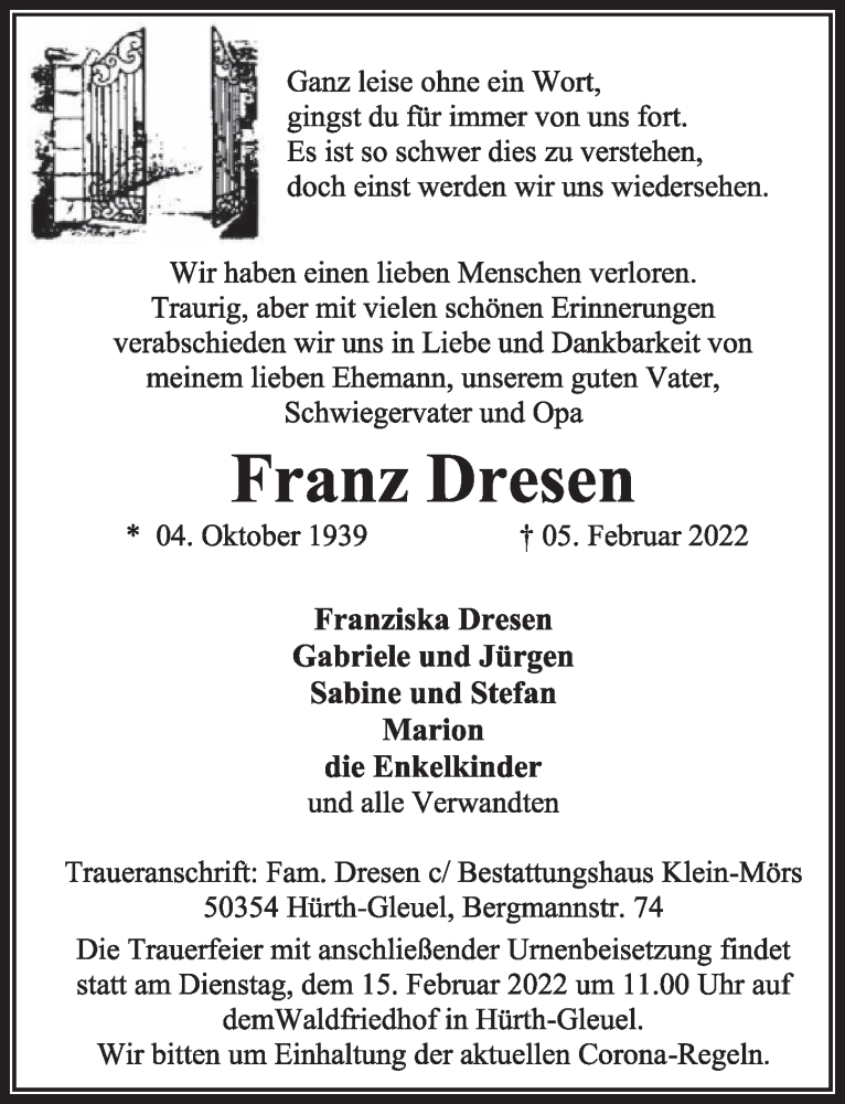  Traueranzeige für Franz Dresen vom 11.02.2022 aus  Wochenende 