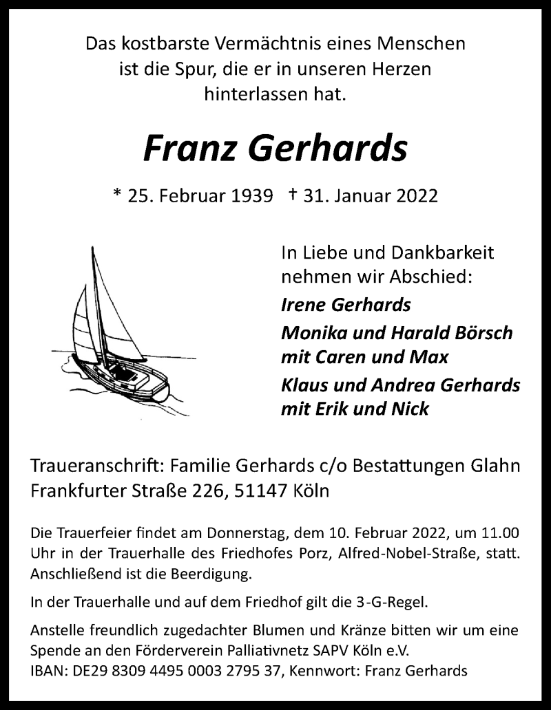  Traueranzeige für Franz Gerhards vom 05.02.2022 aus Kölner Stadt-Anzeiger / Kölnische Rundschau / Express