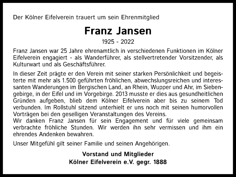  Traueranzeige für Franz Jansen vom 05.02.2022 aus Kölner Stadt-Anzeiger / Kölnische Rundschau / Express