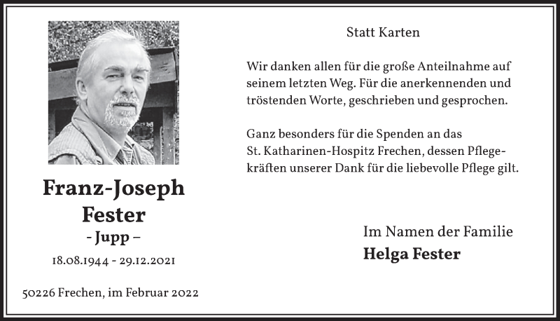  Traueranzeige für Franz-Joseph Fester vom 11.02.2022 aus  Wochenende 