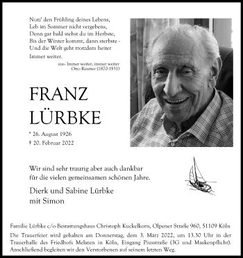 Anzeige von Franz Lürbke von Kölner Stadt-Anzeiger / Kölnische Rundschau / Express