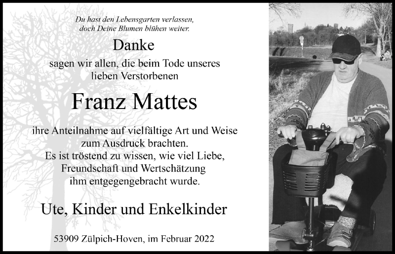  Traueranzeige für Franz Mattes vom 19.02.2022 aus  Blickpunkt Euskirchen 