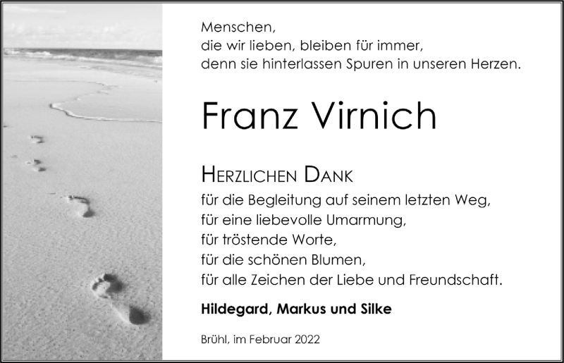  Traueranzeige für Franz Virnich vom 25.02.2022 aus  Schlossbote/Werbekurier 